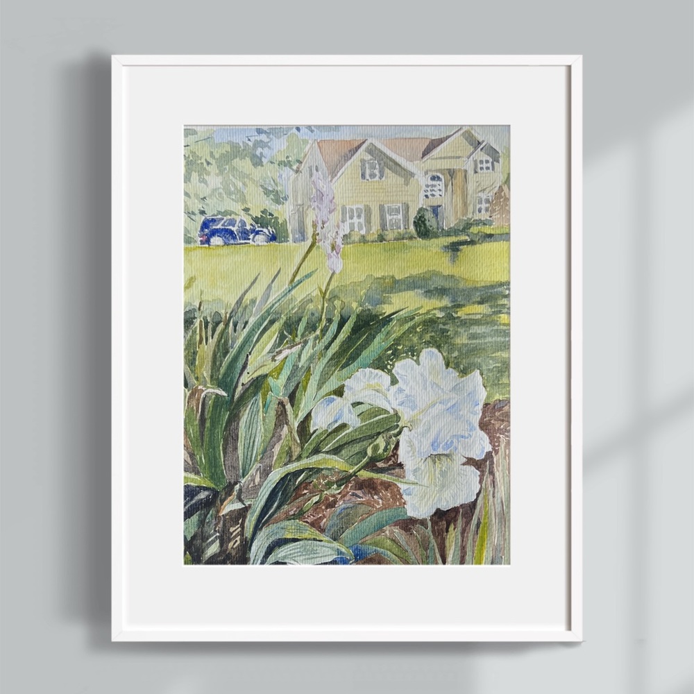 Iris blooming. Original watercolor. Hand-painted.
